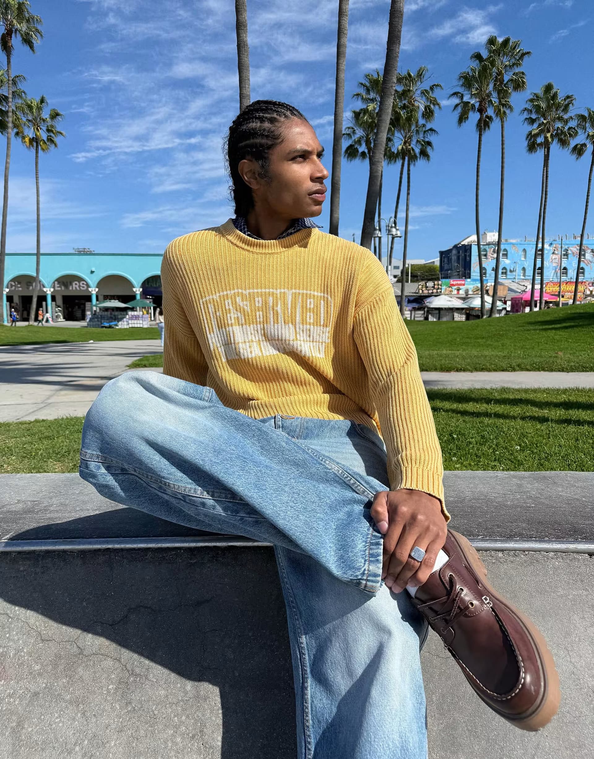 ASOS Bershka Boxy print round neck jumper in yellow