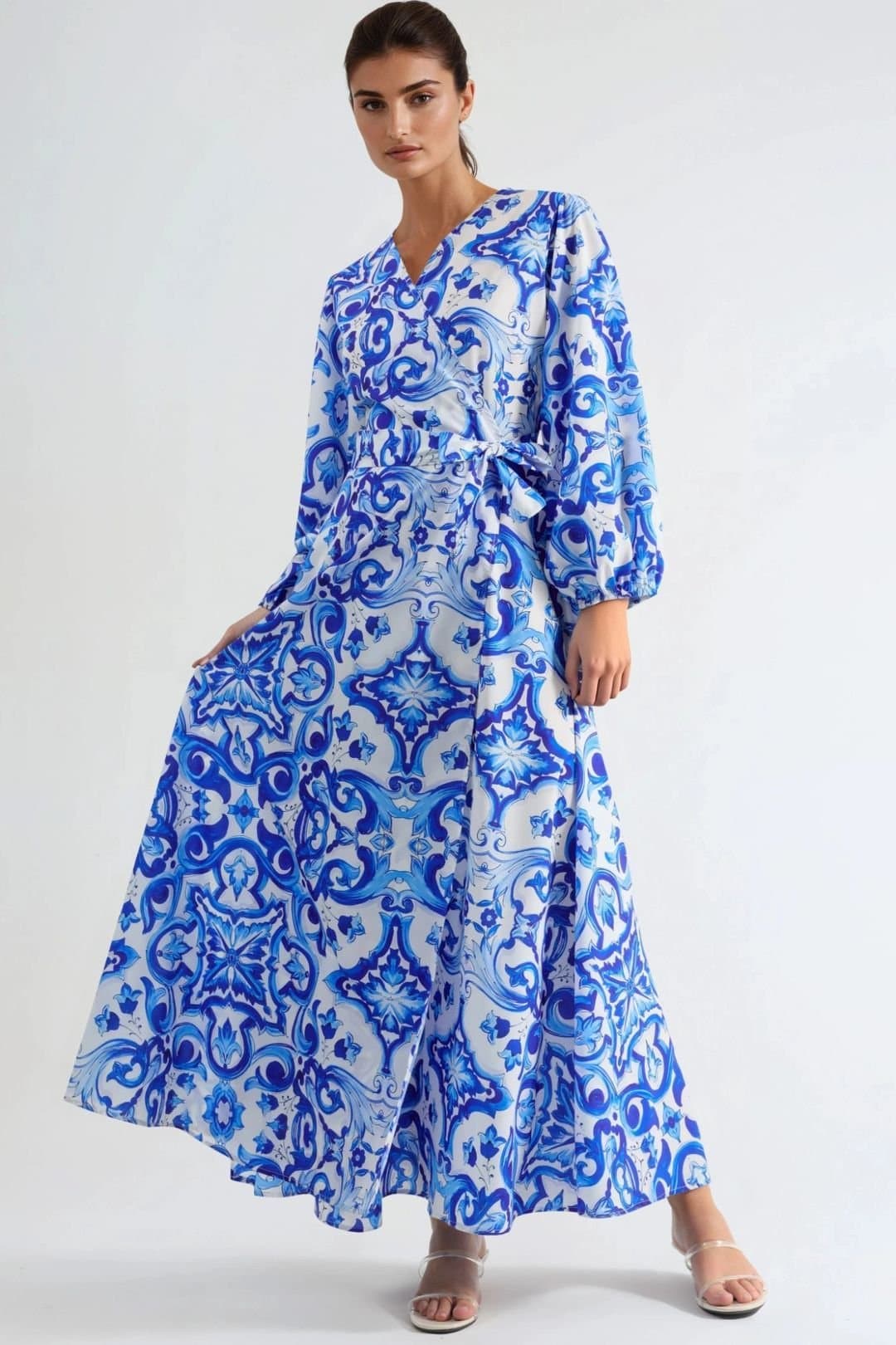MSN Collection MSN Collection Women's Printed V-Neck Maxi Dress with Long Sleeves in Baby Blue