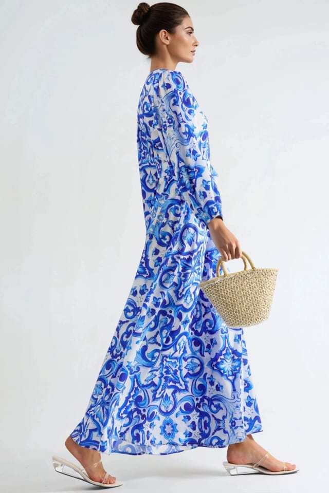 MSN Collection MSN Collection Women's Printed V-Neck Maxi Dress with Long Sleeves in Baby Blue - 2