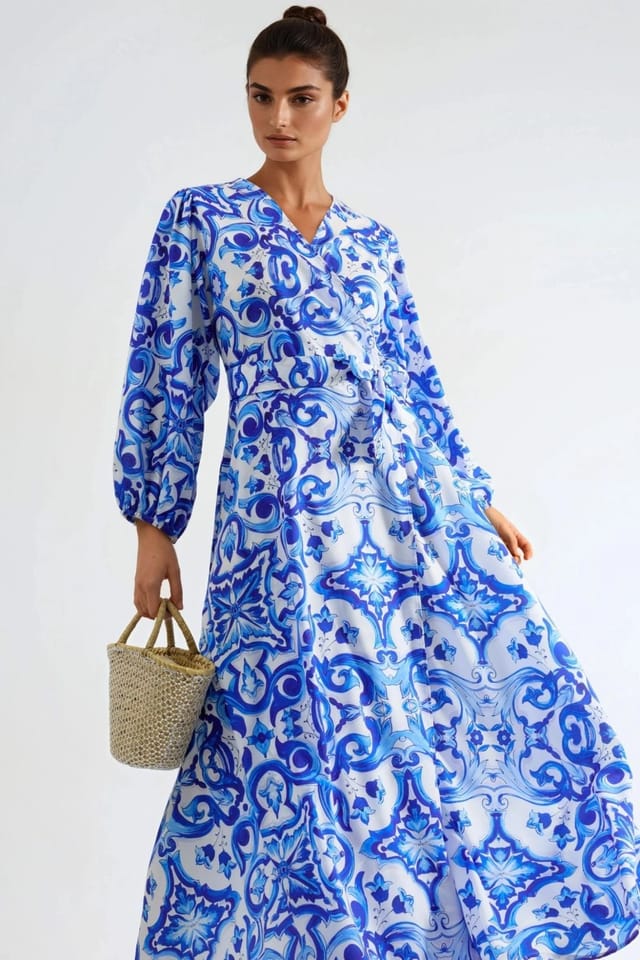 MSN Collection MSN Collection Women's Printed V-Neck Maxi Dress with Long Sleeves in Baby Blue - 3