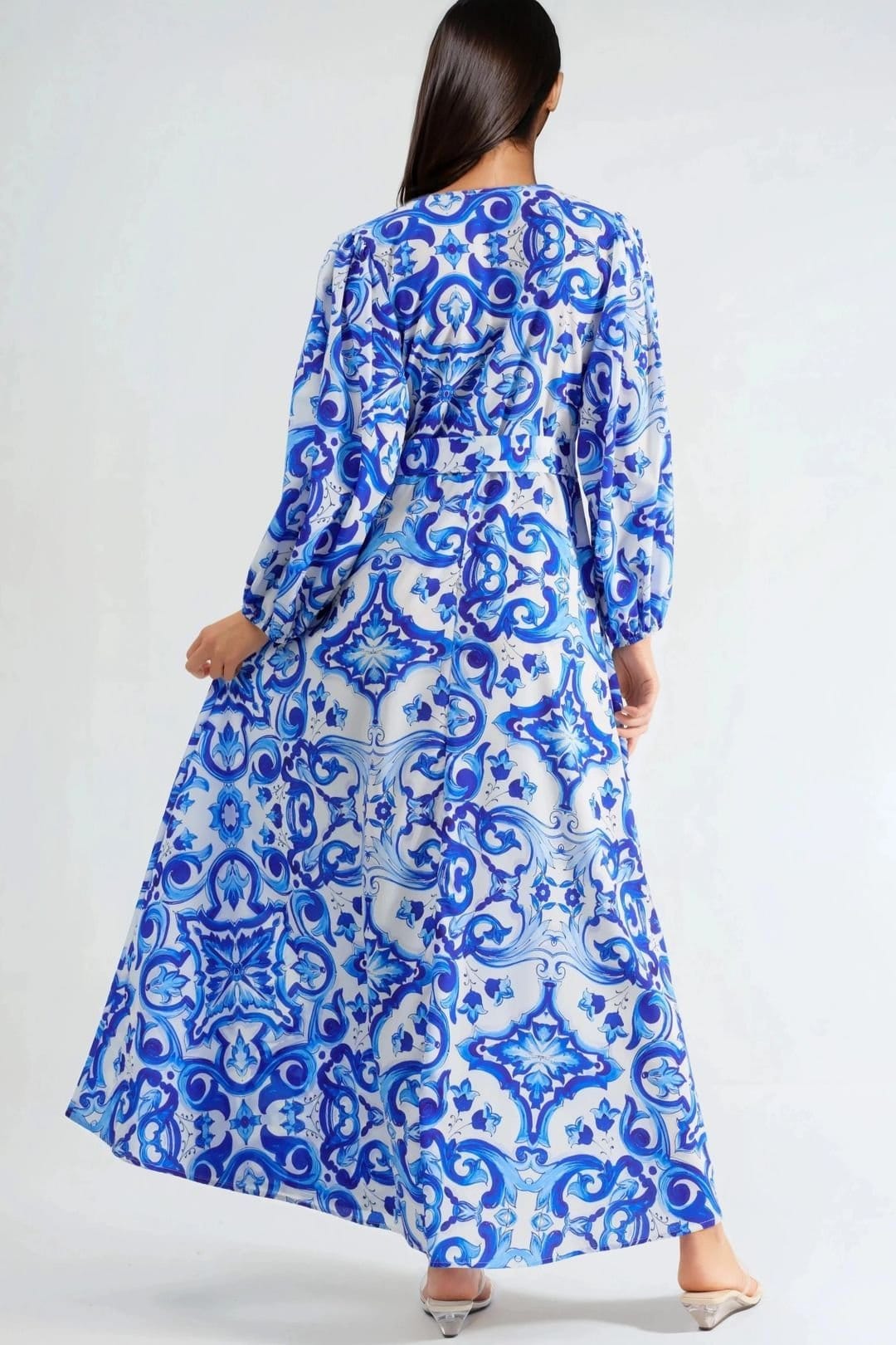 MSN Collection MSN Collection Women's Printed V-Neck Maxi Dress with Long Sleeves in Baby Blue - 4