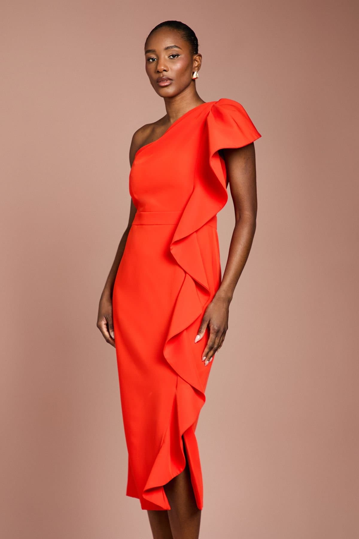 Coast Coast Women's One Shoulder Ruffle Crepe Pencil Midi Dress in Flame Red
