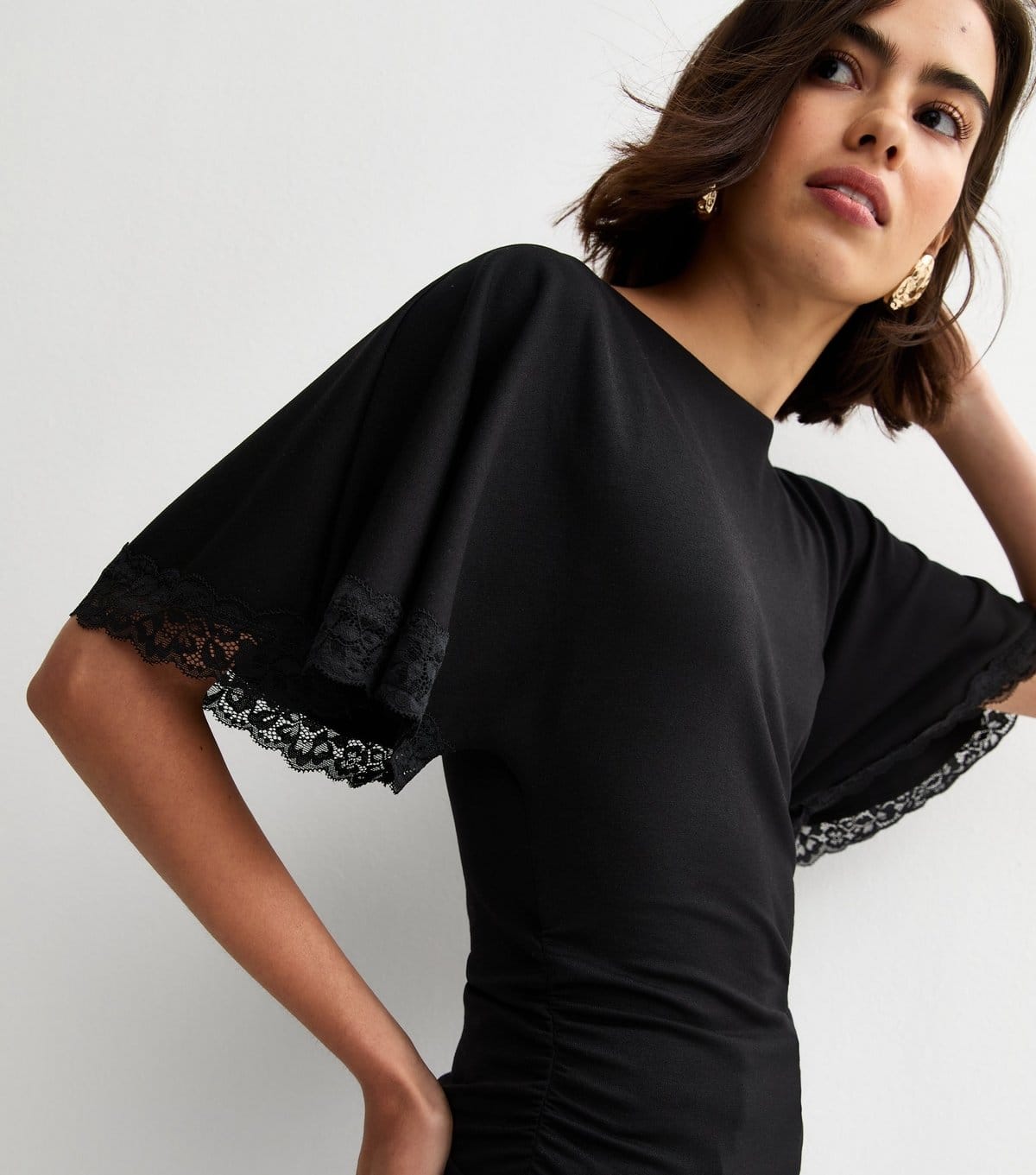 New Look Black Lace Trim Short Sleeve Corset Top
