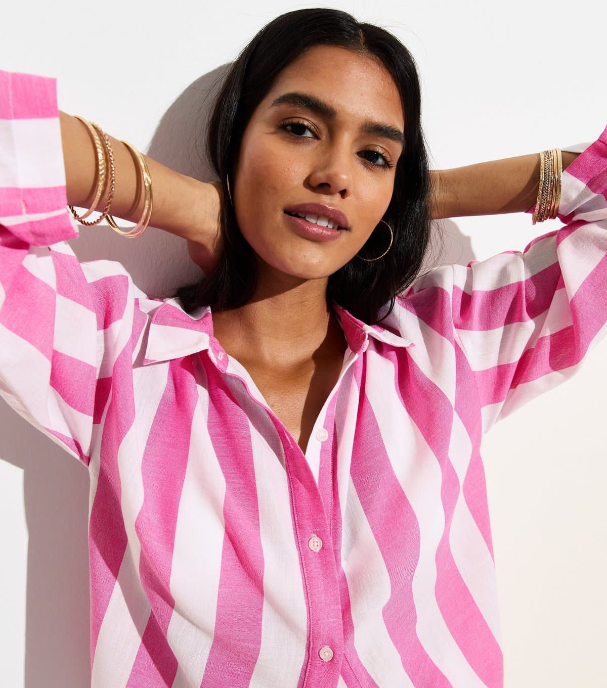 New Look New Look Bright Pink Bold Stripe Beach Shirt