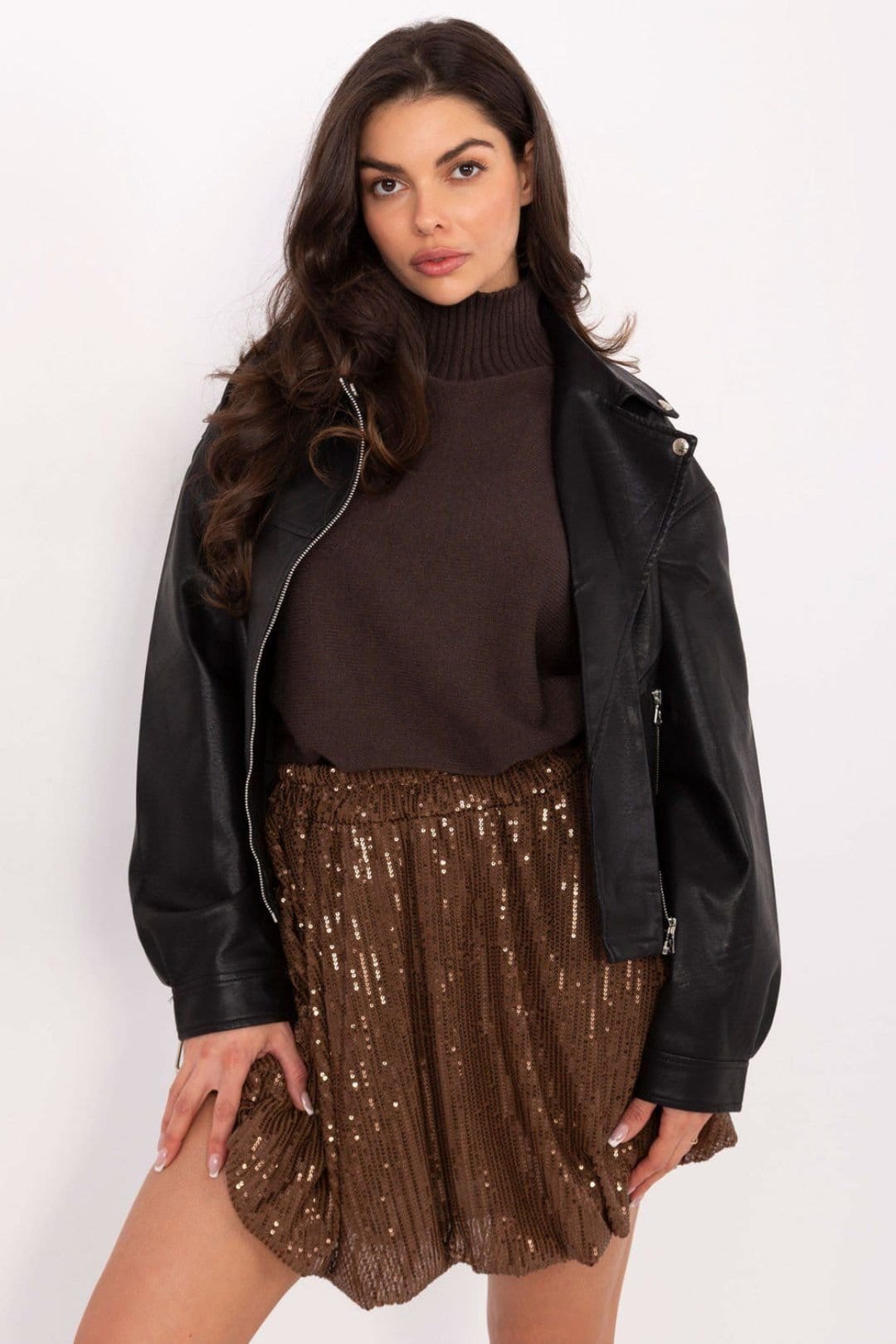 Love Lace Brown Sequined Mini Bomb Skirt with Smooth Fit