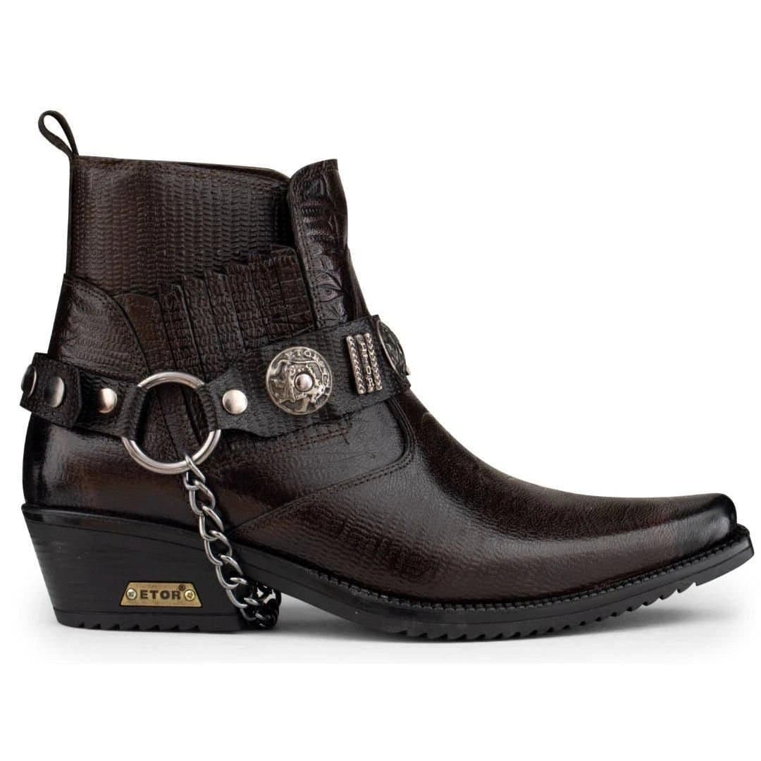 Etor Etor Men's Real Leather Cowboy Ankle Boots With Chain in Brown