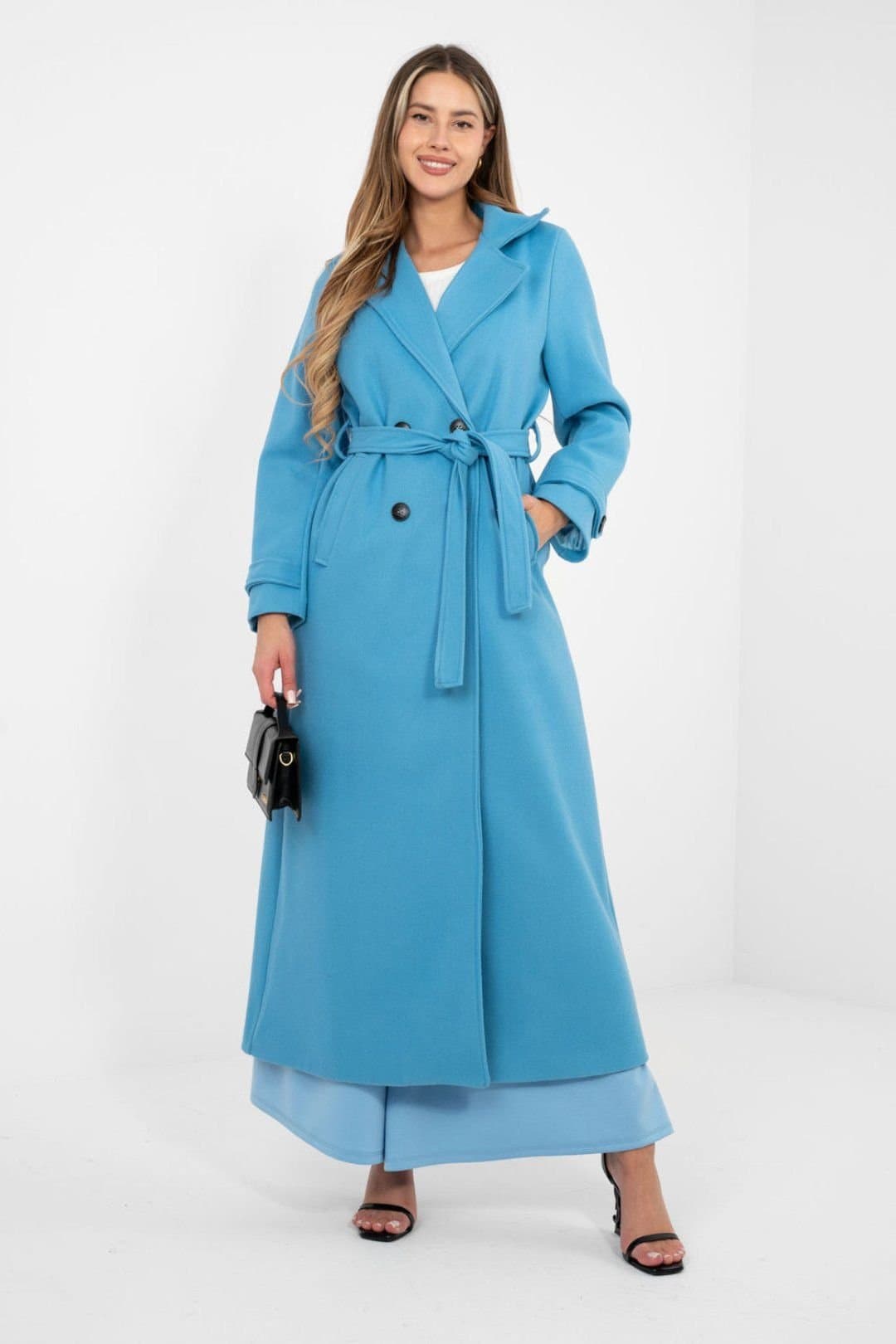 Love Lace Love Lace Women's Long Double Breasted Belted Lapel Coat Style 224524 in Blue