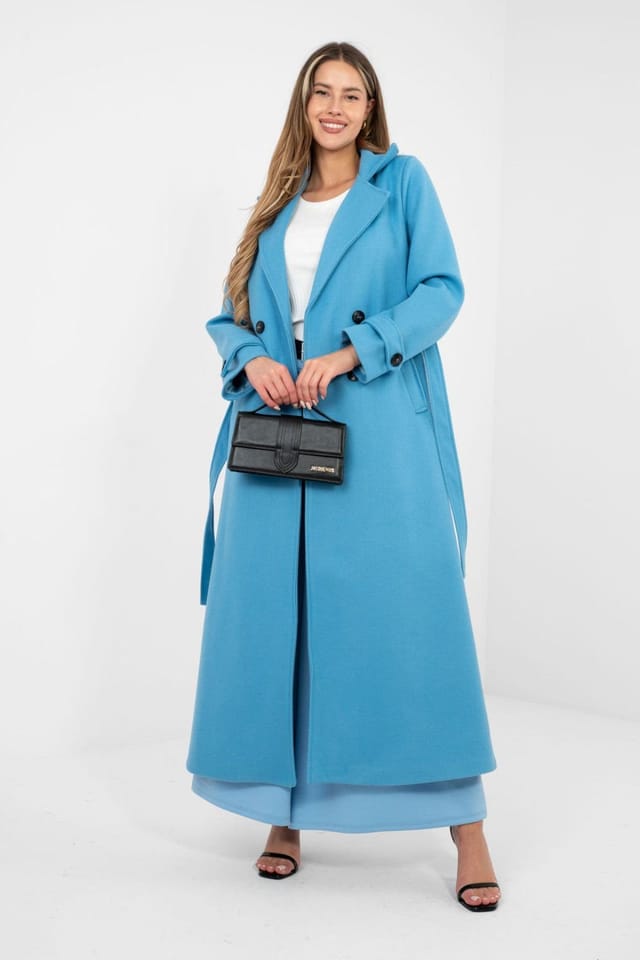 Love Lace Love Lace Women's Long Double Breasted Belted Lapel Coat Style 224524 in Blue - 2