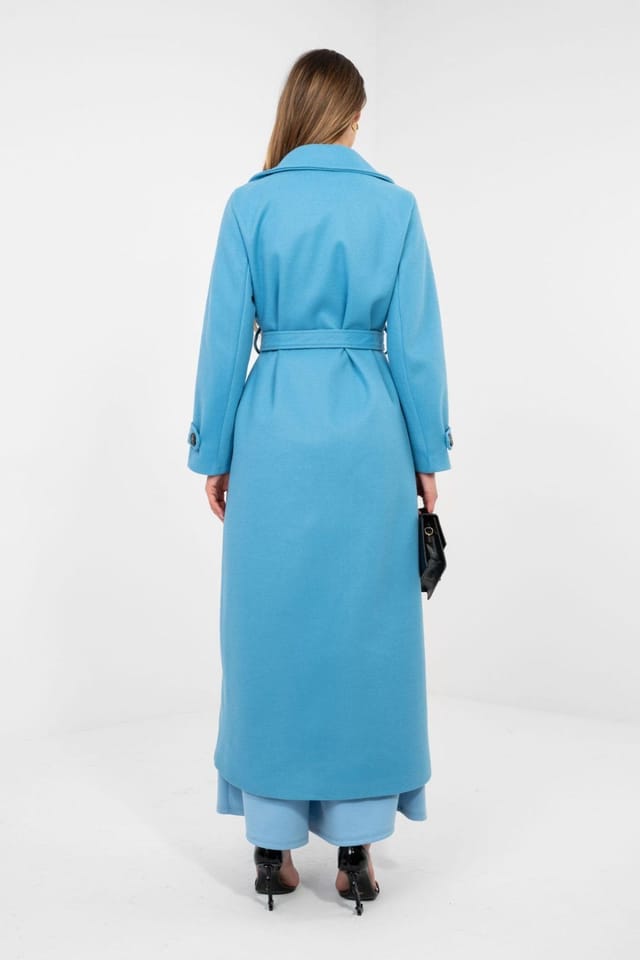 Love Lace Love Lace Women's Long Double Breasted Belted Lapel Coat Style 224524 in Blue - 3