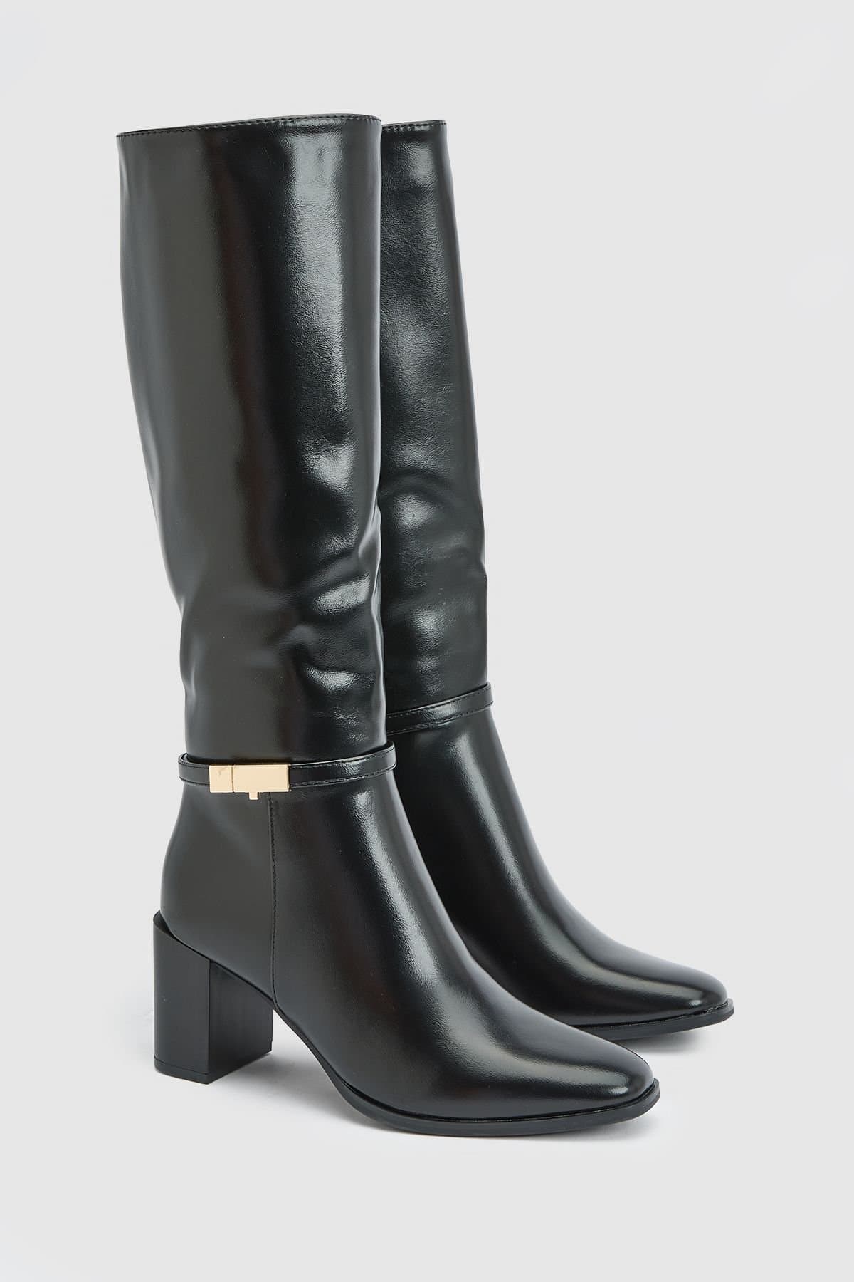 Wallis Wallis Women's Joy Faux Leather Metal Trim High Block Heel High Leg Boots in Black