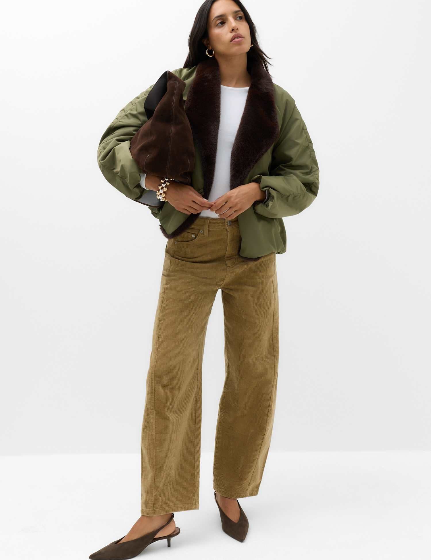 Marks & Spencer M&S Satin Padded Faux Fur Bomber Jacket Dark Olive