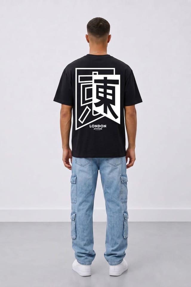 LONDON ATTITUDE LONDON ATTITUDE Men's Japanese Inspired Premium Cotton Relaxed Fit T-Shirt in Black - 3