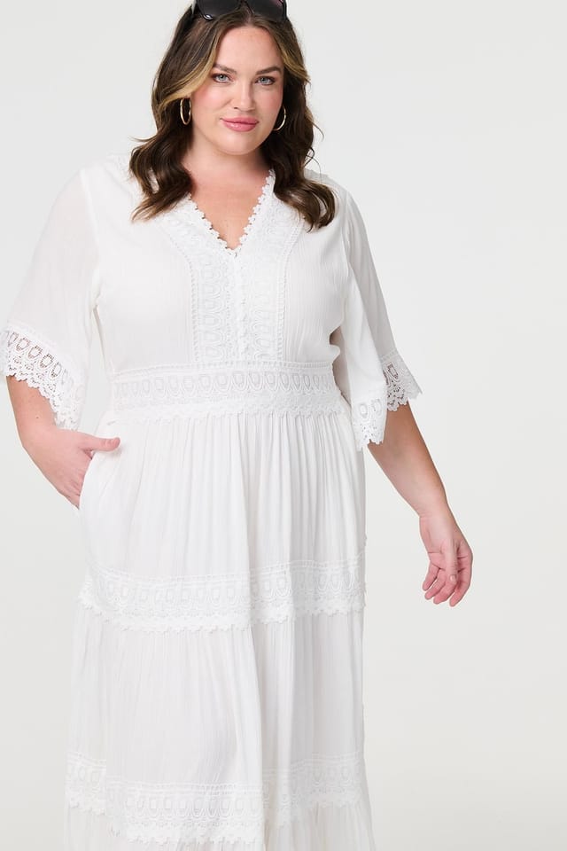 Izabel London Izabel London Women's Curve Tiered Lace Trim Maxi Dress in White - 2