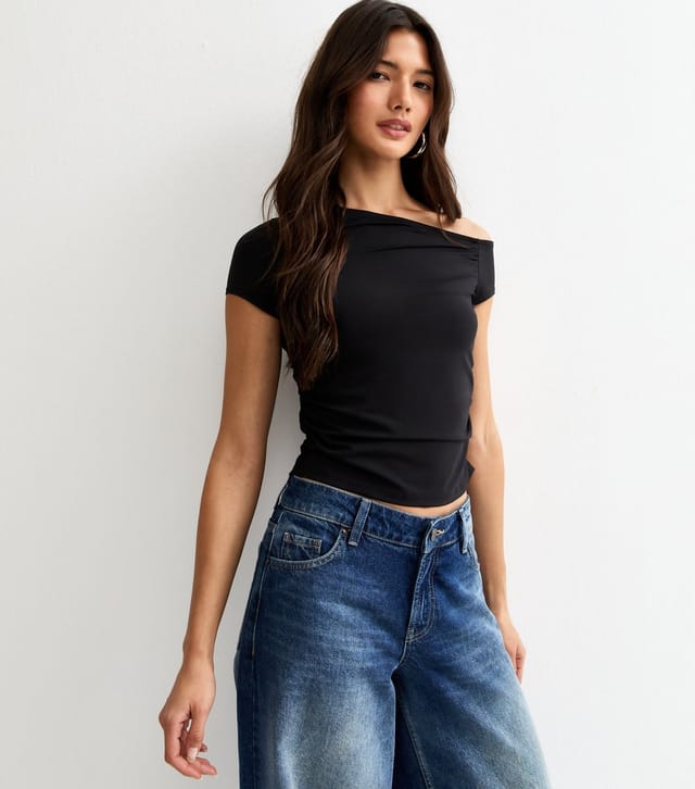 New Look Women's Black Off Shoulder Gathered Side Top New Look - 2