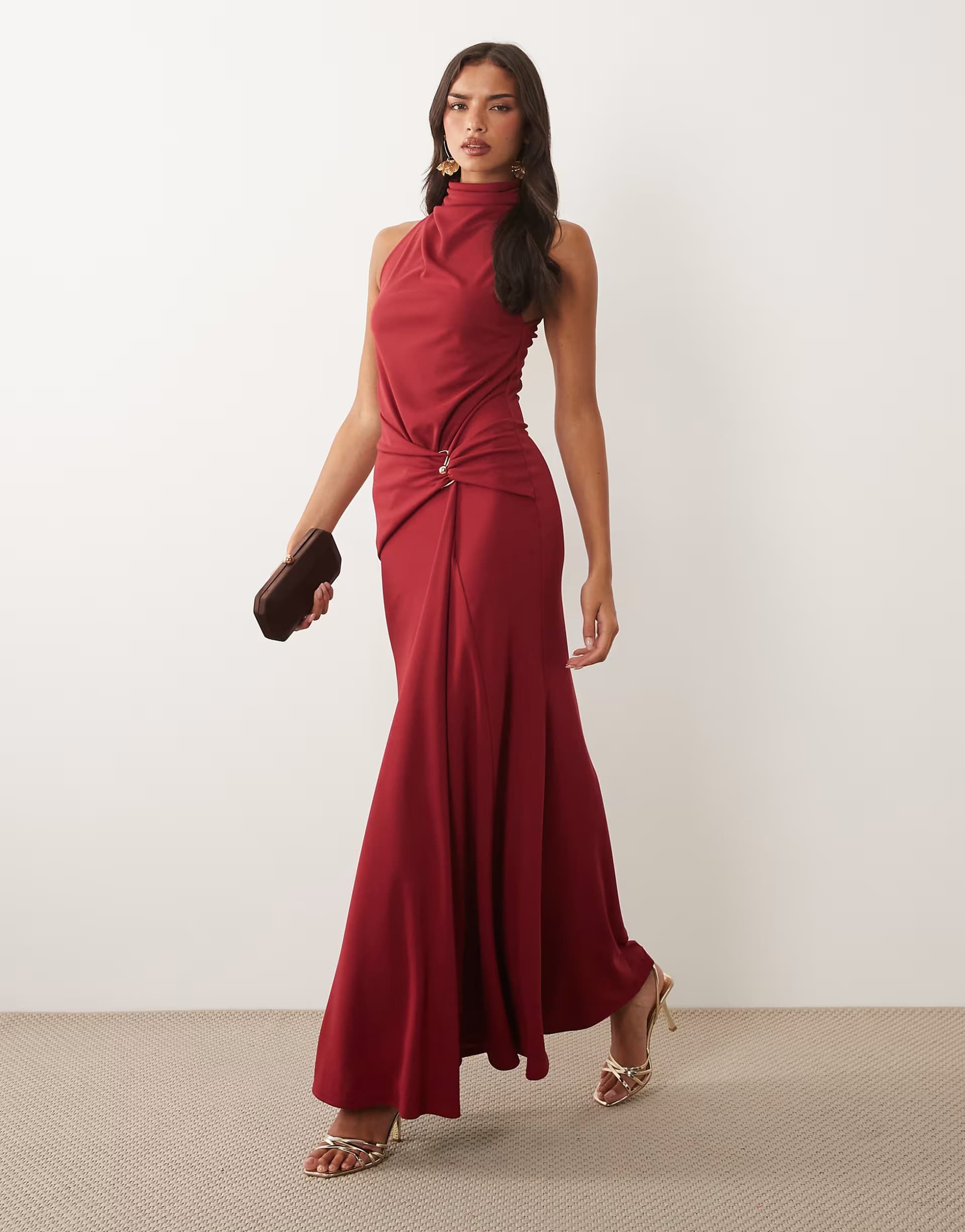 ASOS ASOS DESIGN high neck drape maxi dress with trim detail in rust red