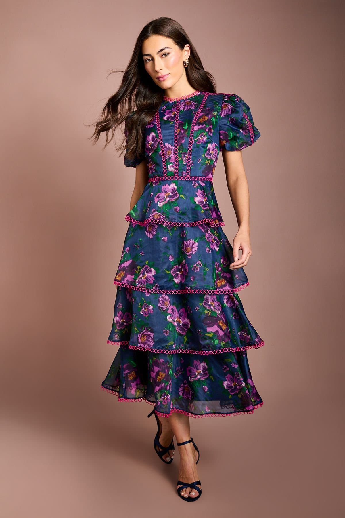 Coast Coast Women's Lace Trim Tiered Puff Sleeve Printed Midi Dress in Blue