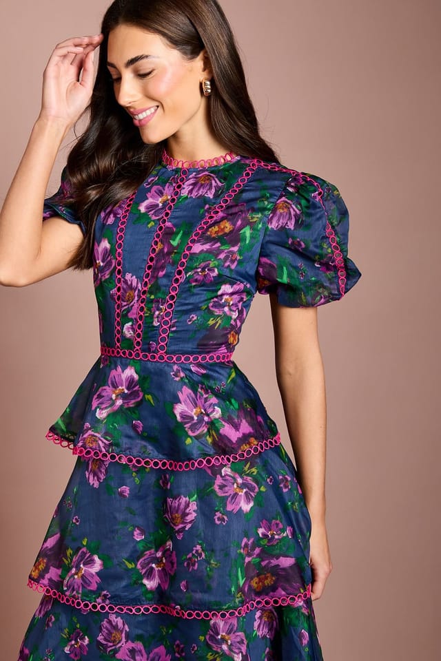 Coast Coast Women's Lace Trim Tiered Puff Sleeve Printed Midi Dress in Blue - 2