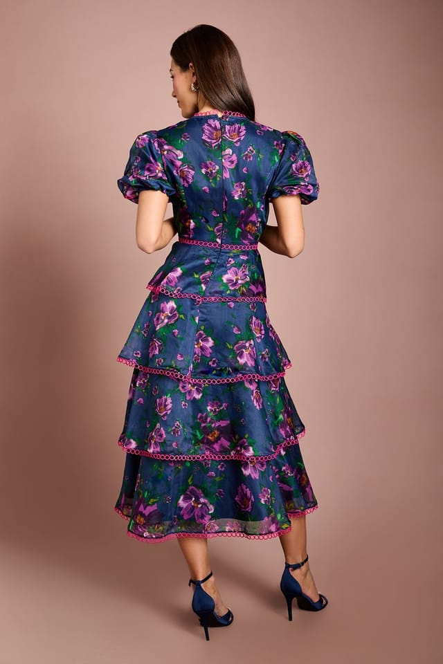 Coast Coast Women's Lace Trim Tiered Puff Sleeve Printed Midi Dress in Blue - 3
