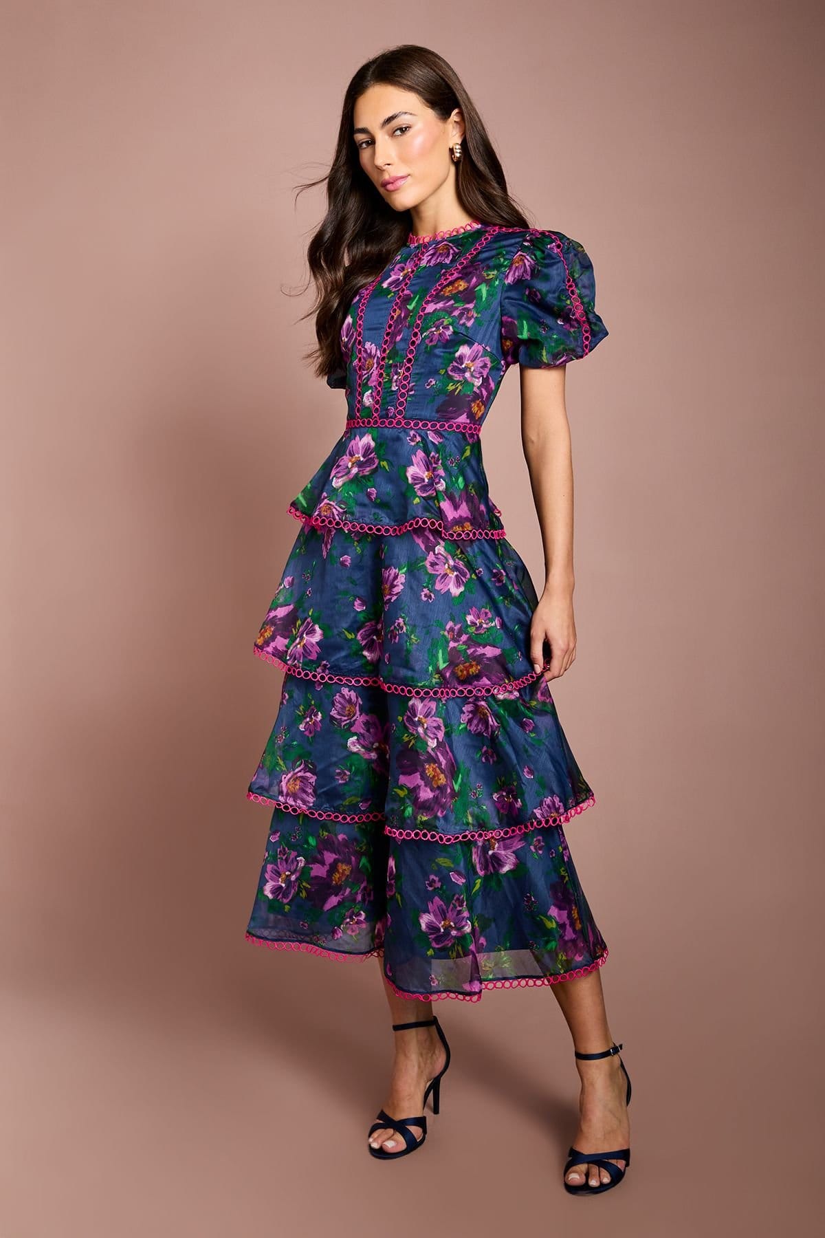 Coast Coast Women's Lace Trim Tiered Puff Sleeve Printed Midi Dress in Blue - 4