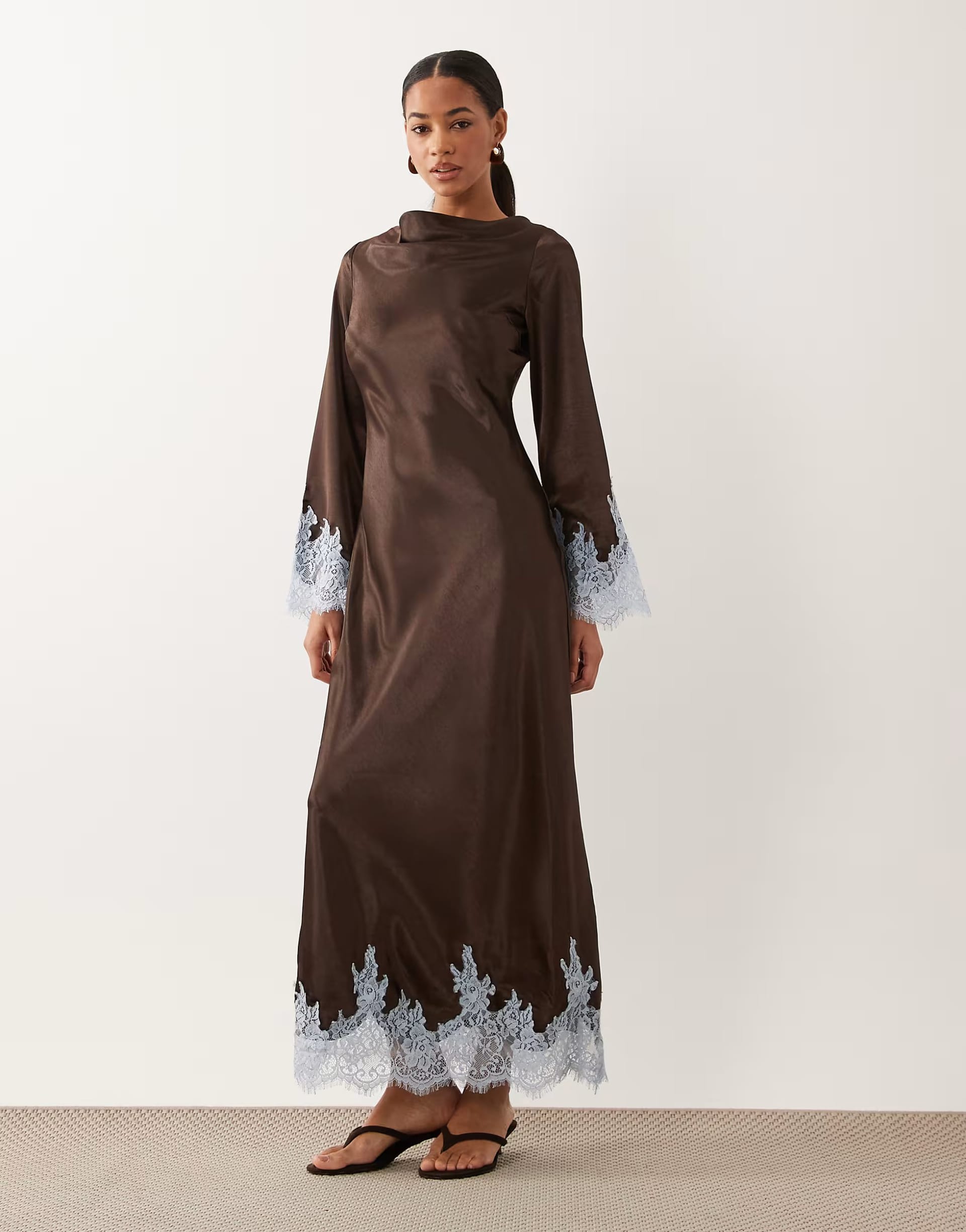 ASOS Chocolate Satin Cowl Neck Lace Trim Bell Sleeve Maxi Dress