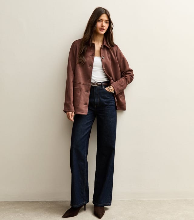 New Look Women's Dark Brown Faux Suede Button Front Jacket New Look - 2