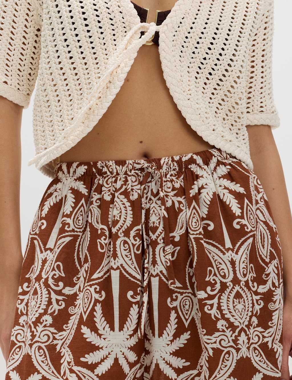 Marks & Spencer M&S Pure Cotton Printed Bubble Hem Beach Trousers Brown Mix - 3