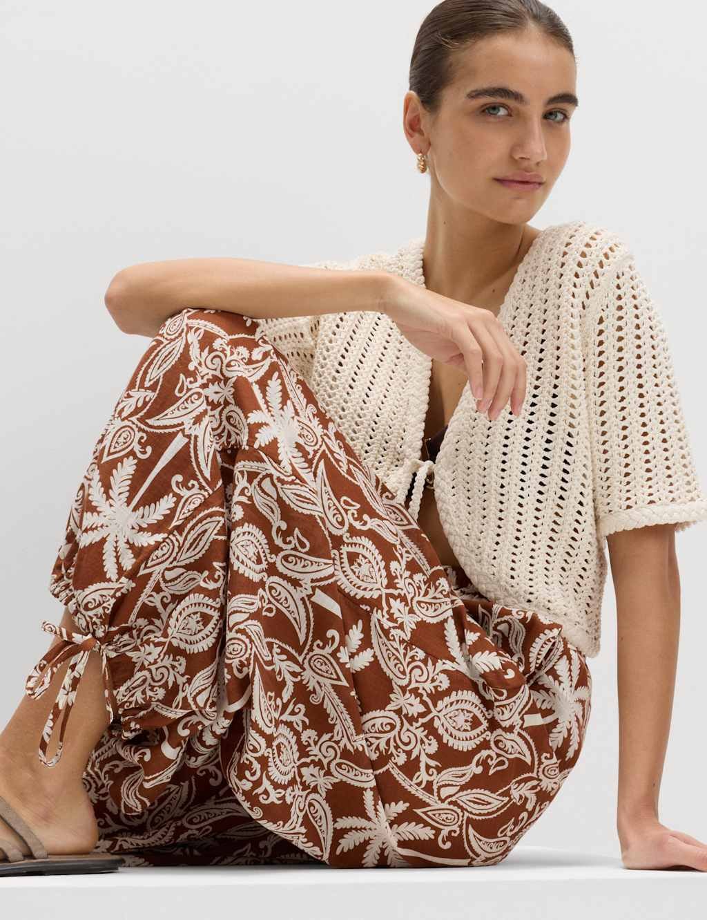 Marks & Spencer M&S Pure Cotton Printed Bubble Hem Beach Trousers Brown Mix - 4