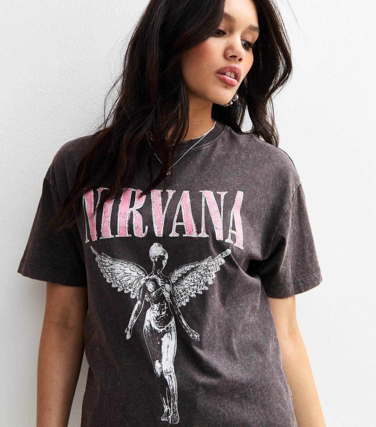 New Look Women's Dark Grey Oversized Acid Wash Nirvana Angel Print T-Shirt New Look