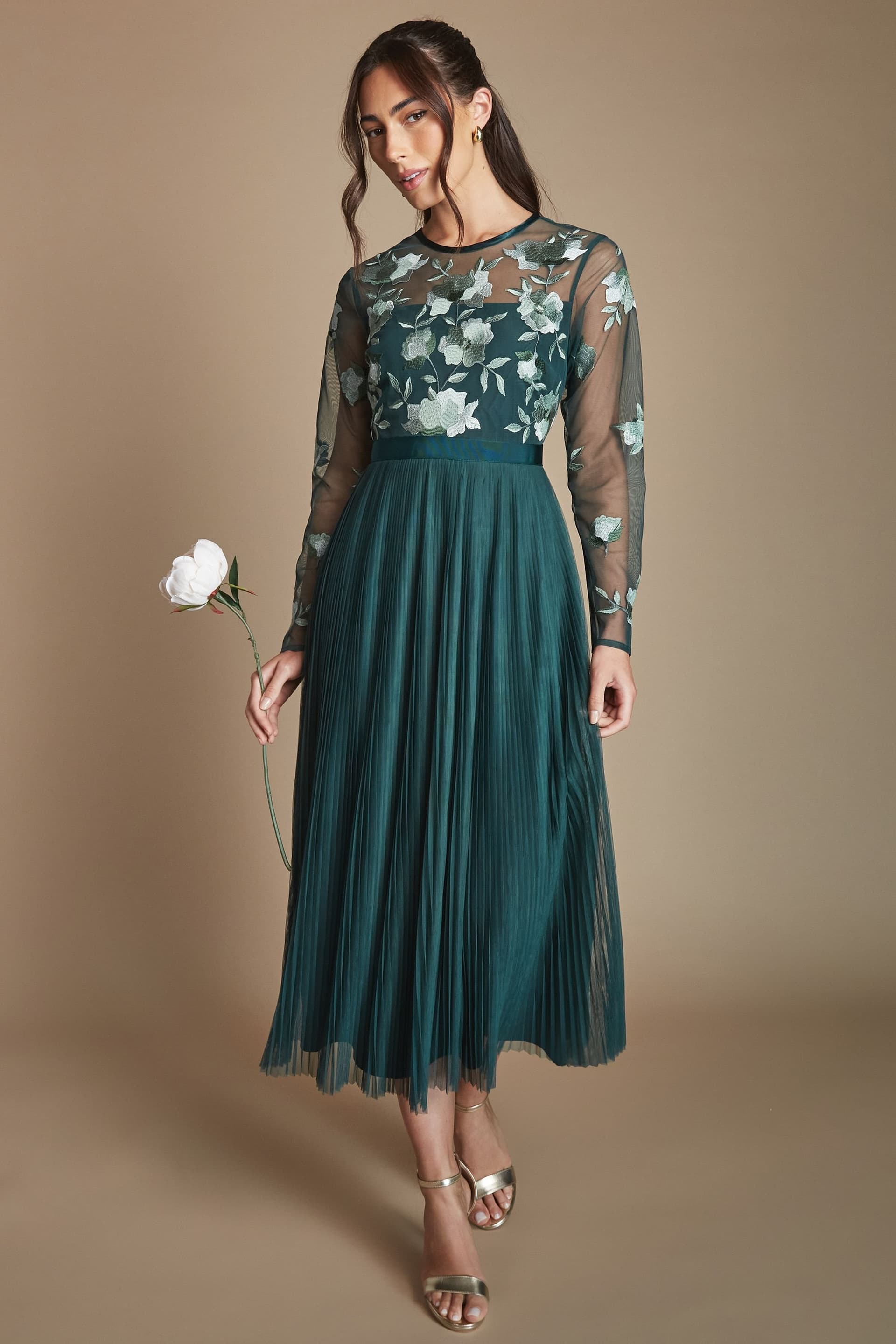 Coast Coast Women's Embroidered Pleat Maxi Bridesmaid Dress in Emerald