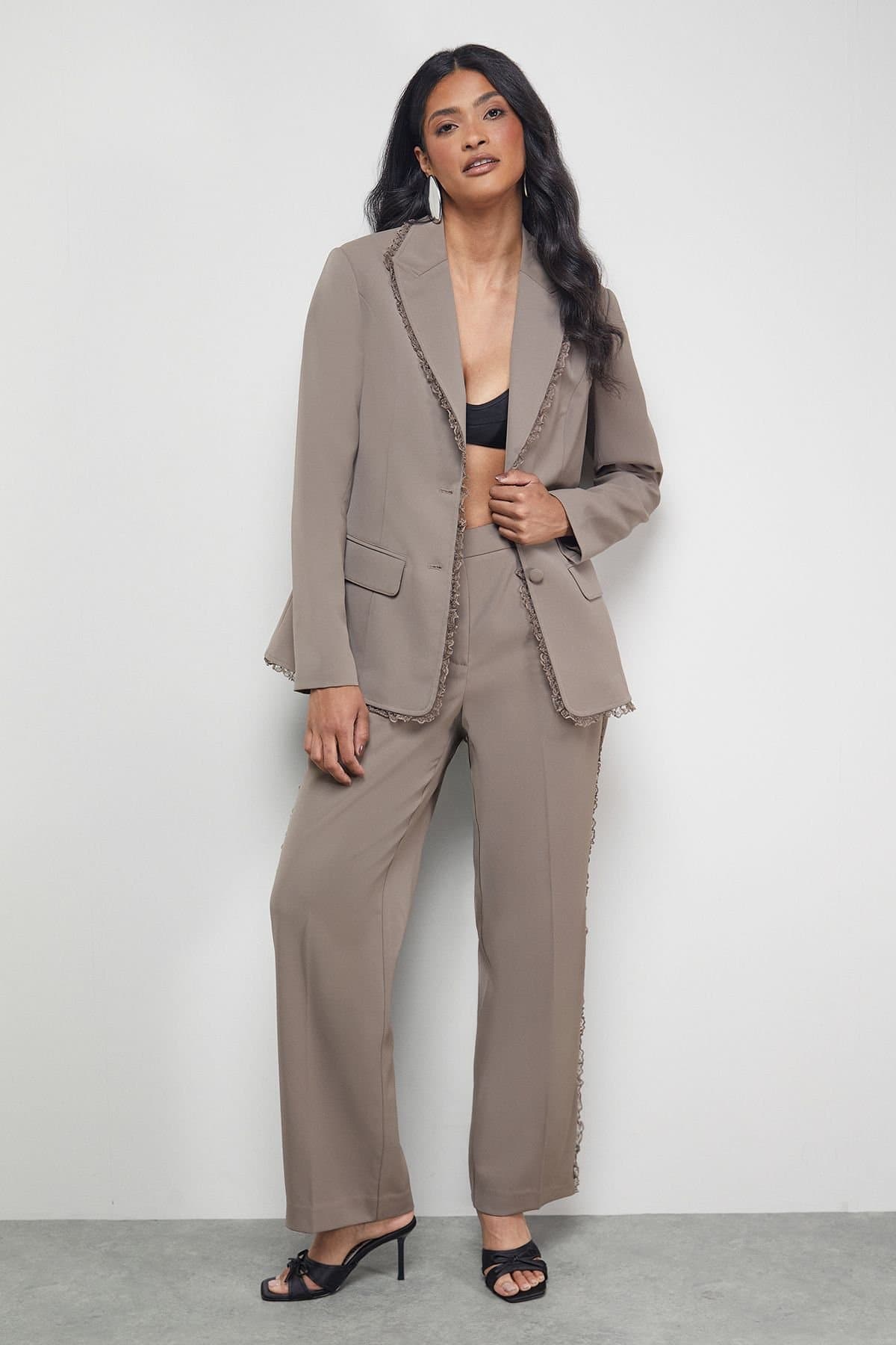Warehouse Warehouse Women's Lace Frill Trim Wide Leg Trouser in Mocha