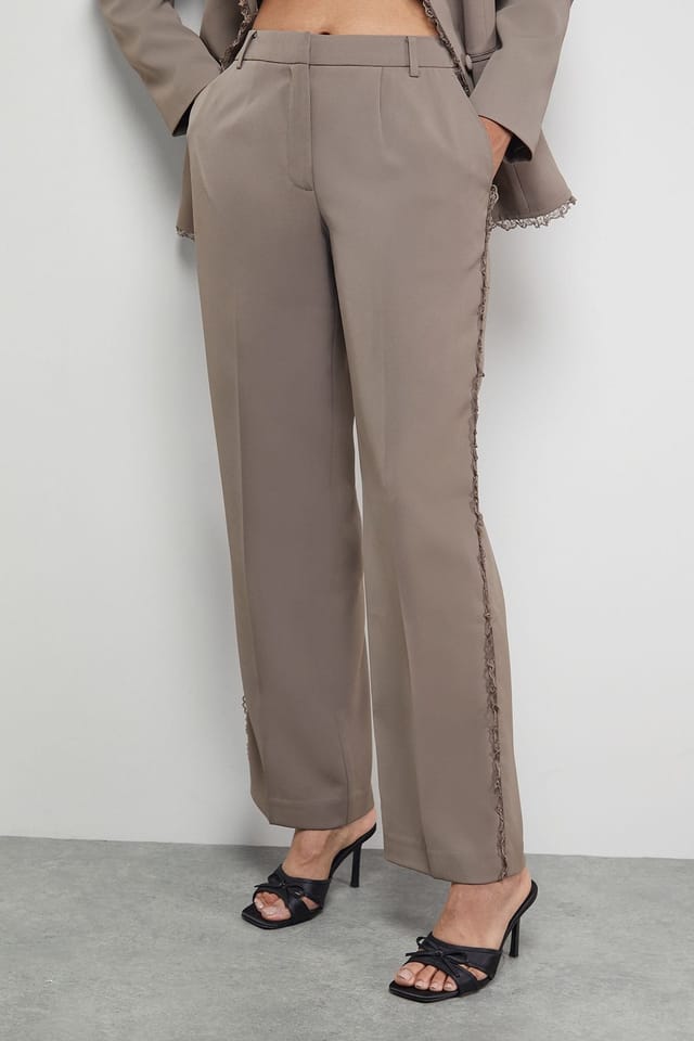 Warehouse Warehouse Women's Lace Frill Trim Wide Leg Trouser in Mocha - 2