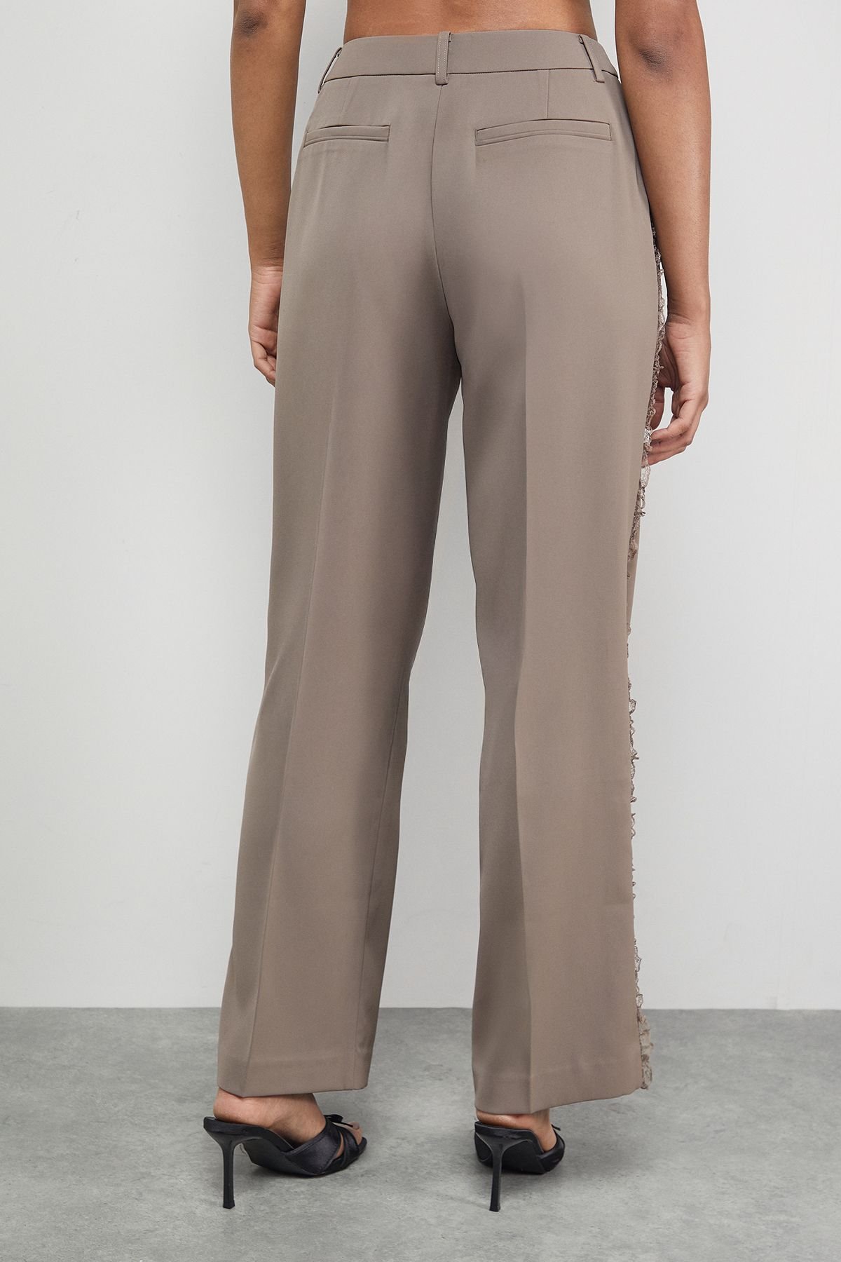 Warehouse Warehouse Women's Lace Frill Trim Wide Leg Trouser in Mocha - 3