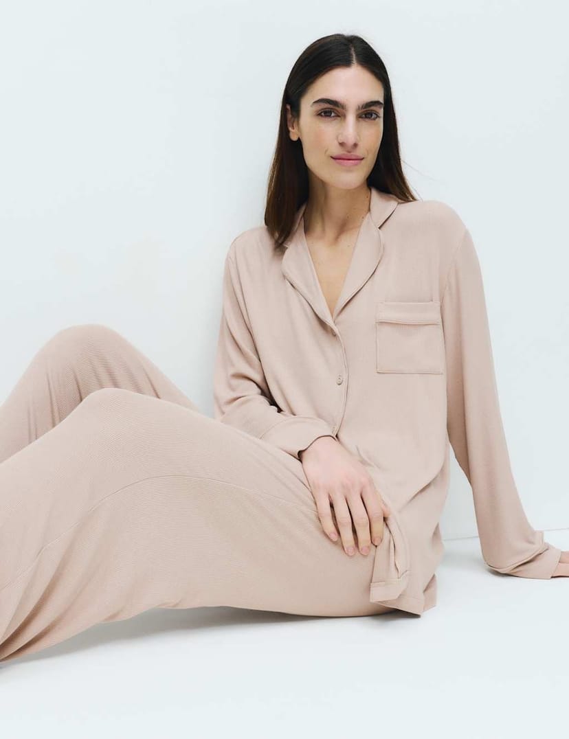 Marks & Spencer M&S Rib Pyjama Set Fawn - 1