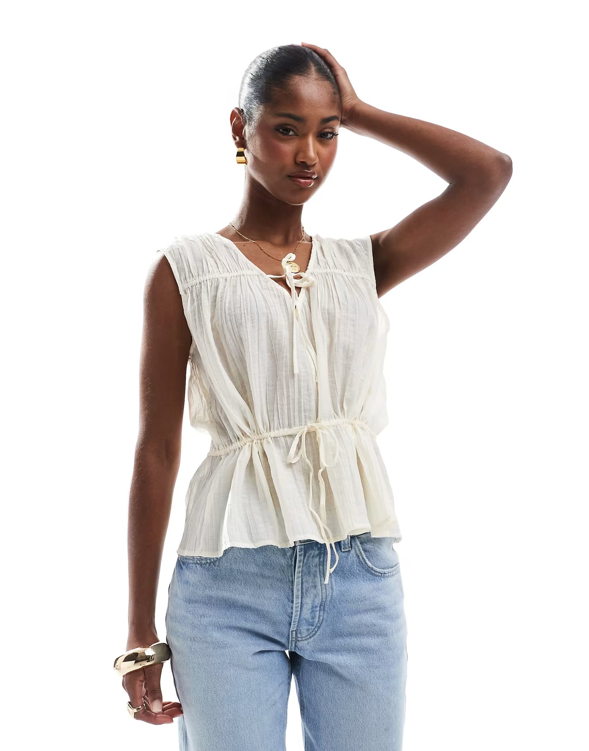ASOS Object tie front ruched top in sand