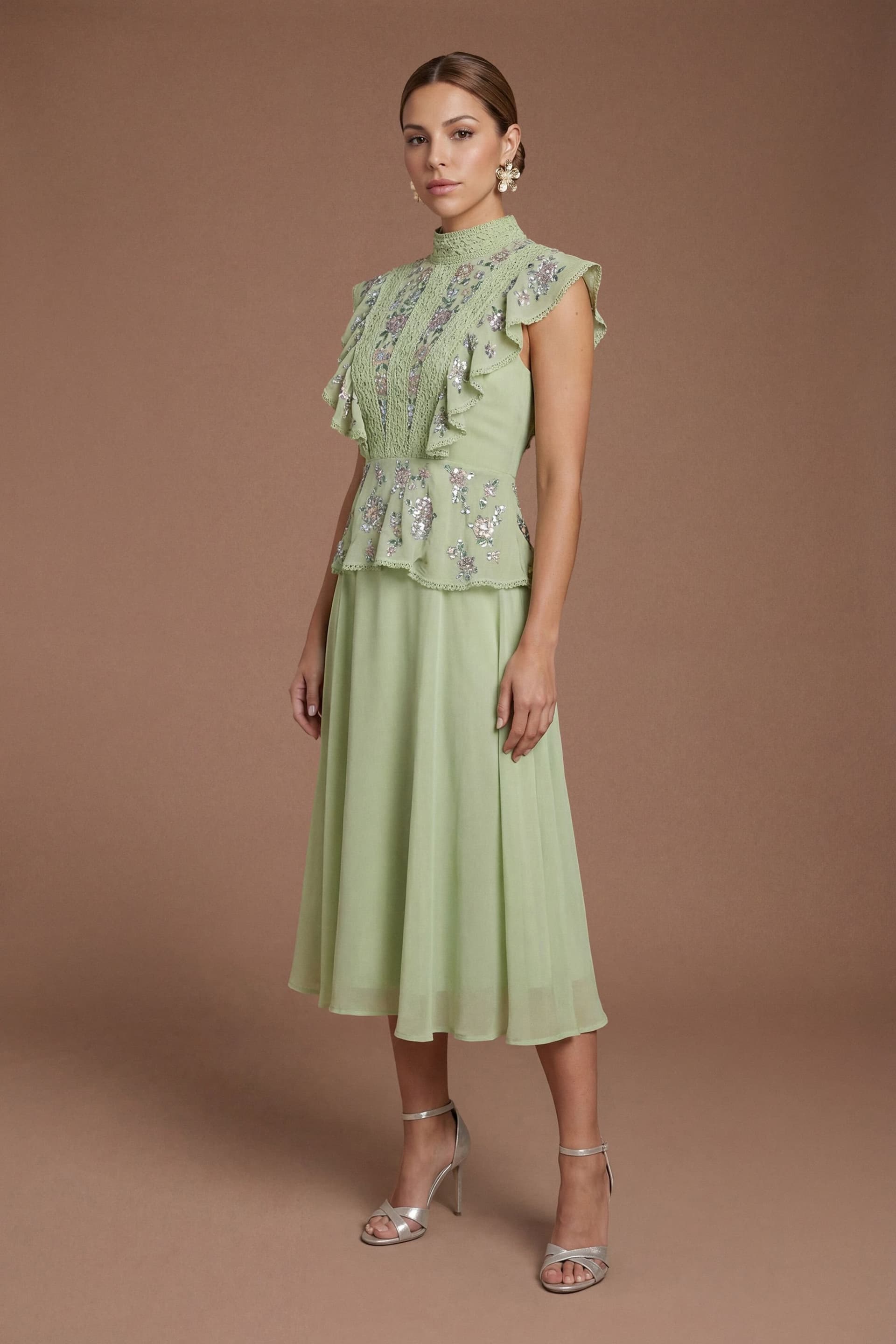 Coast Coast Women's Petite Embellished Frill Detail Midi Dress in Sage