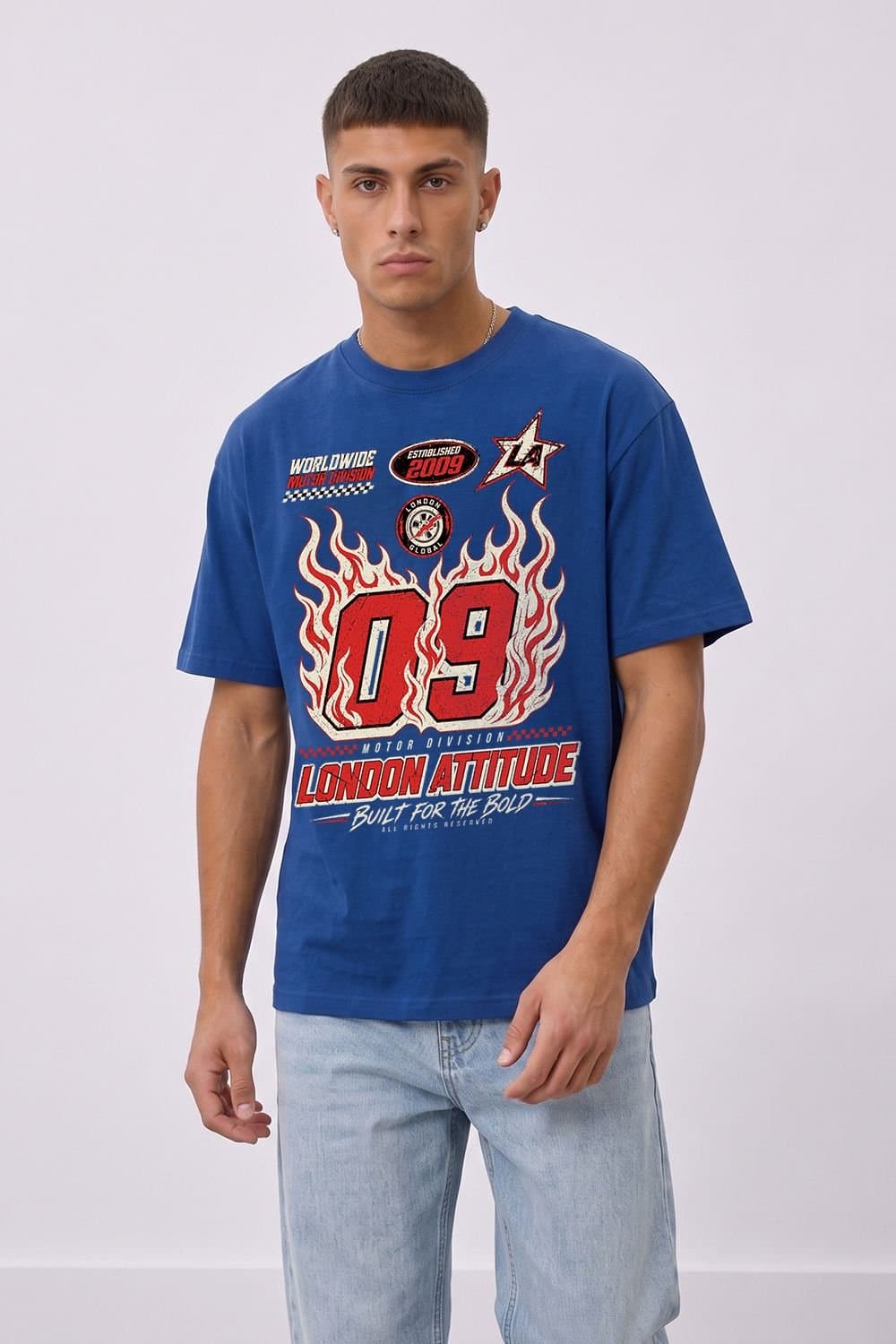 LONDON ATTITUDE LONDON ATTITUDE Men's Racing Oversized Heavyweight Graphic T-Shirt in Royal