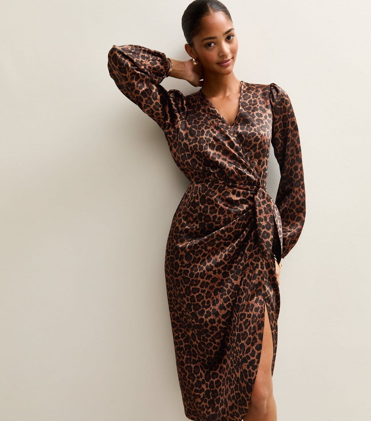 New Look Brown Animal Print Satin Wrap Midi Dress