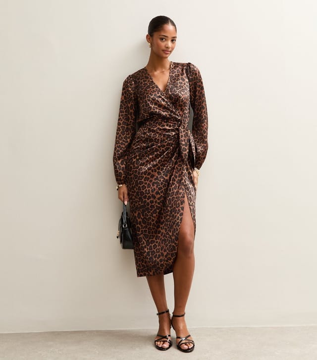 New Look Women's Brown Satin Animal Print Wrap Midi Dress New Look - 3