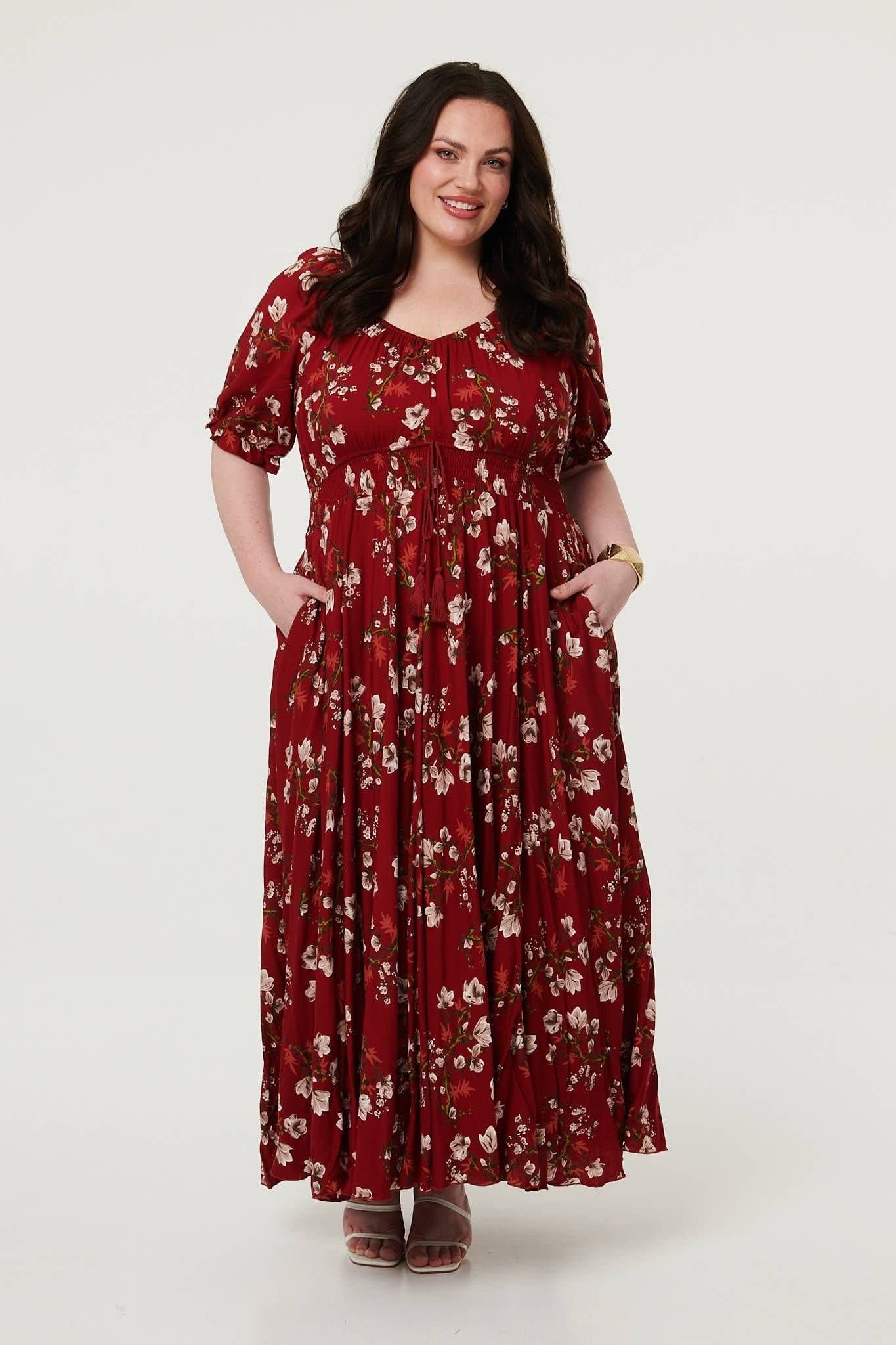 Izabel London Izabel London Women's Curve Floral Bardot Empire Maxi Dress in Red