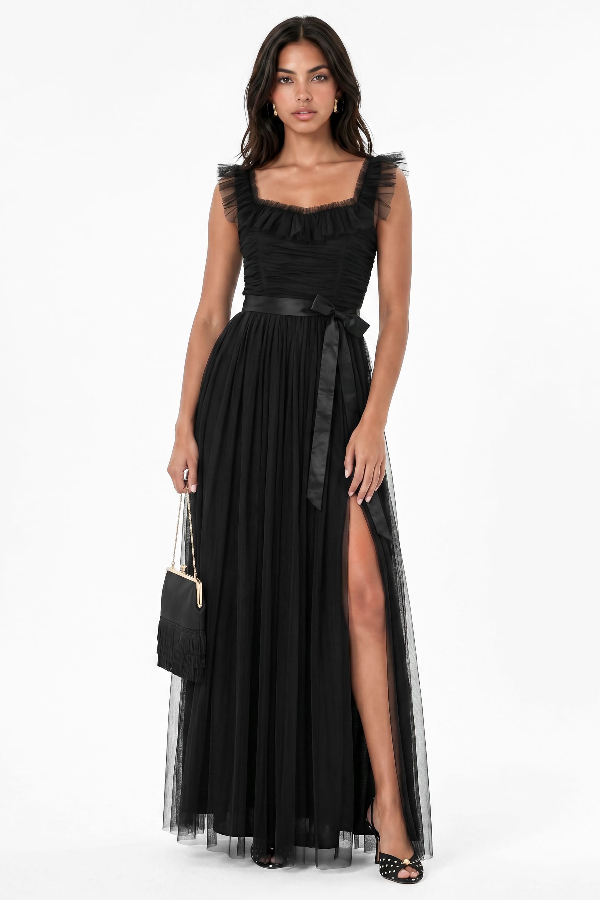 Anaya With Love Black Tulle Ruffle Maxi Dress