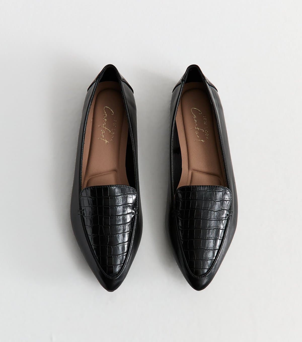 New Look Women's Black Patent Faux Leather Crocodile Embossed Pointed Toe Flats Vegan New Look