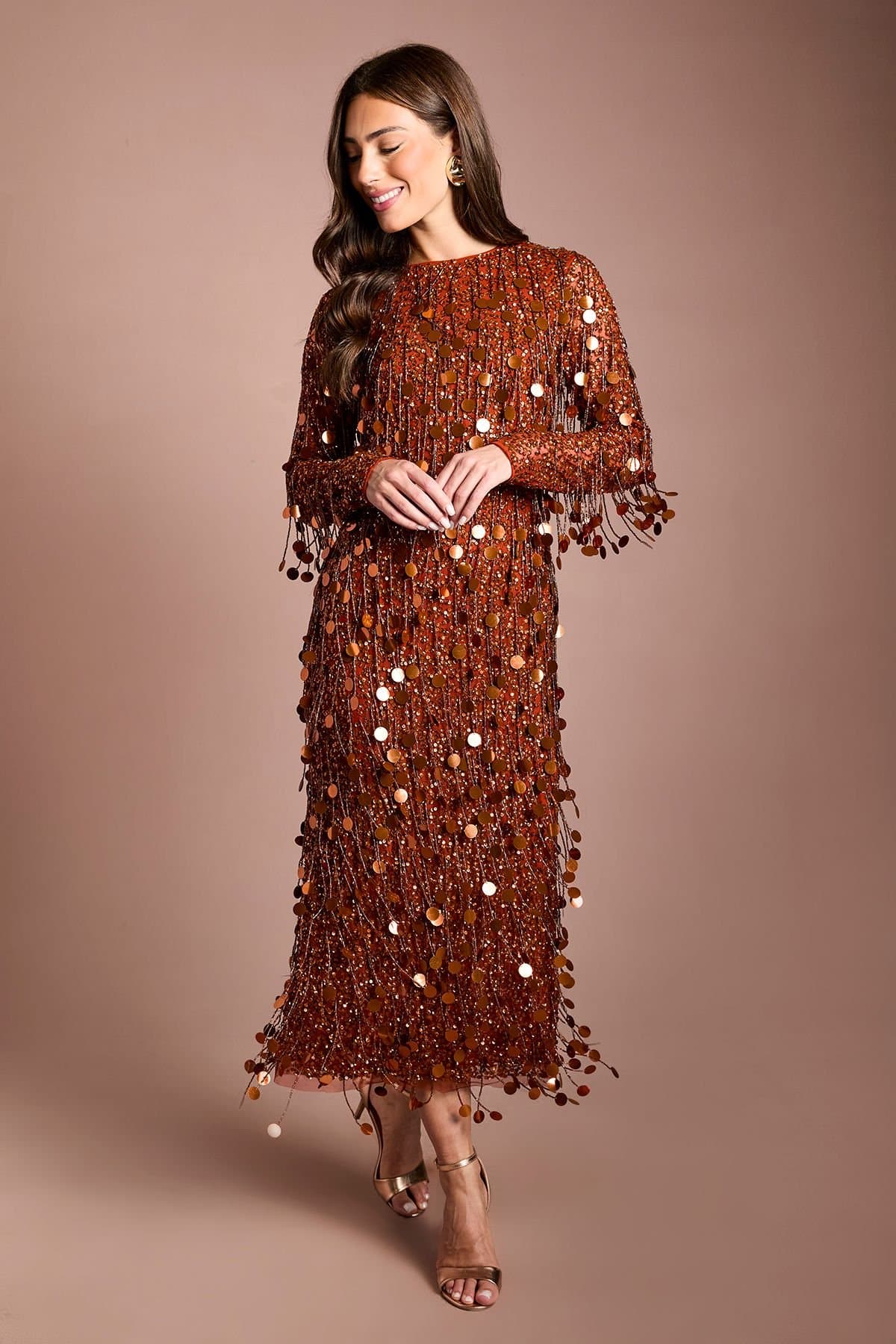 Coast Coast Women's Muse Sequin Long Sleeve Midi Dress in Rust