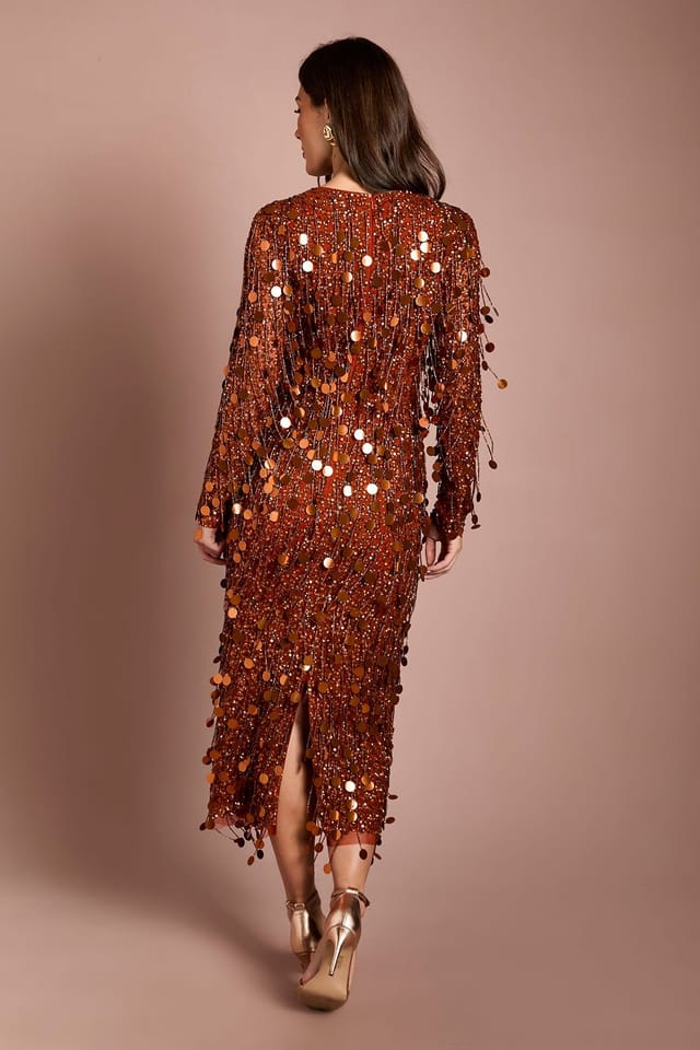 Coast Coast Women's Muse Sequin Long Sleeve Midi Dress in Rust - 3
