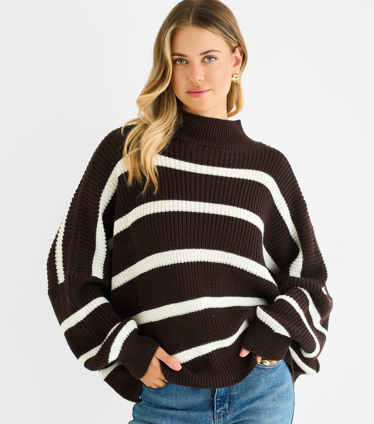 Gini London Women's Chocolate Stripe Chunky Knit High Neck Jumper Gini London New Look