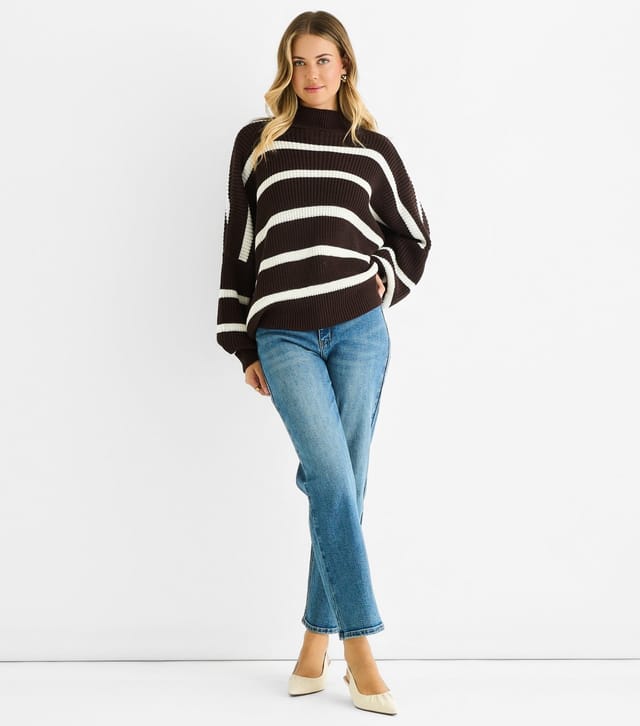 Gini London Women's Chocolate Stripe Chunky Knit High Neck Jumper Gini London New Look - 2