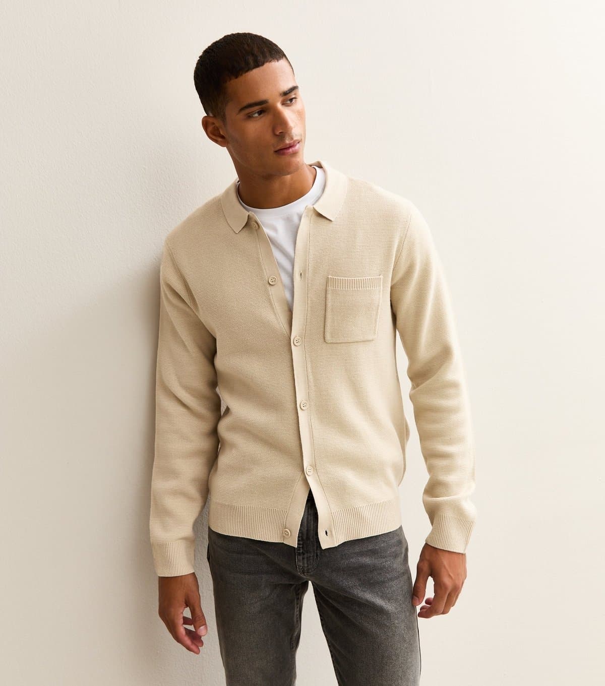 New Look Men's Stone Regular Fit Long Sleeve Knitted Shacket New Look