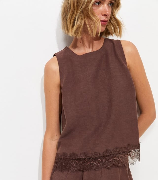 New Look Women's Dark Brown With Cotton Lace Hem Sleeveless Top New Look - 2