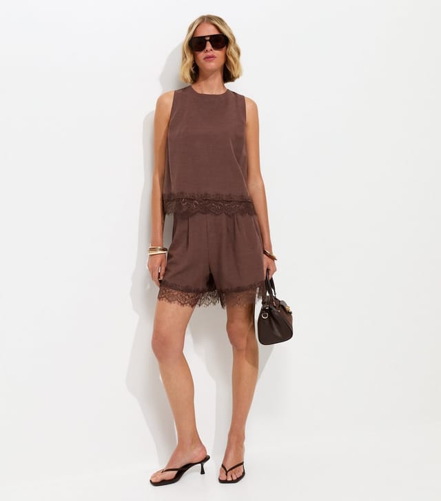New Look Women's Dark Brown With Cotton Lace Hem Sleeveless Top New Look - 3