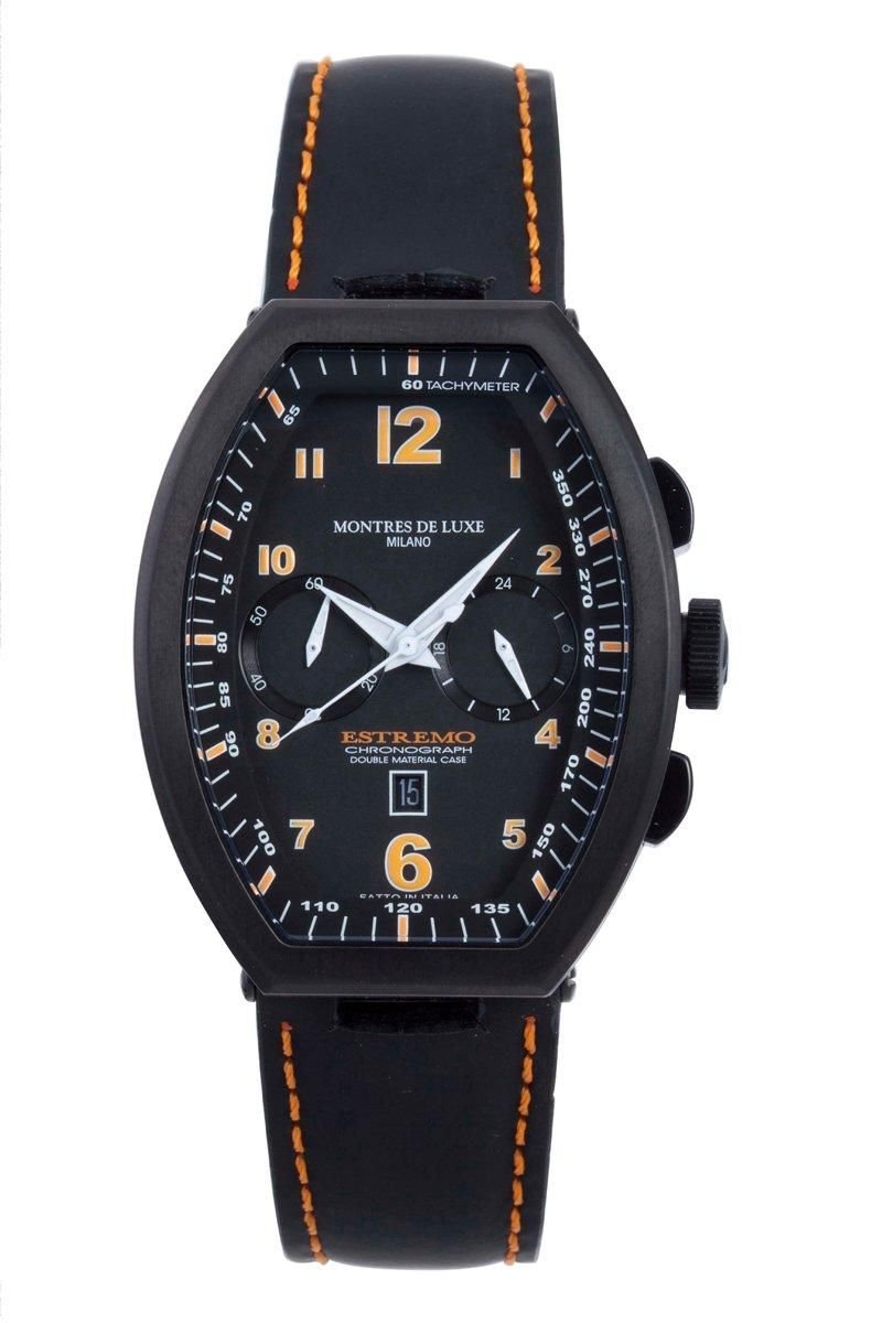 Montres De Luxe Montres De Luxe Women's Black Dial With Orange Indices Black Band Watch - 1