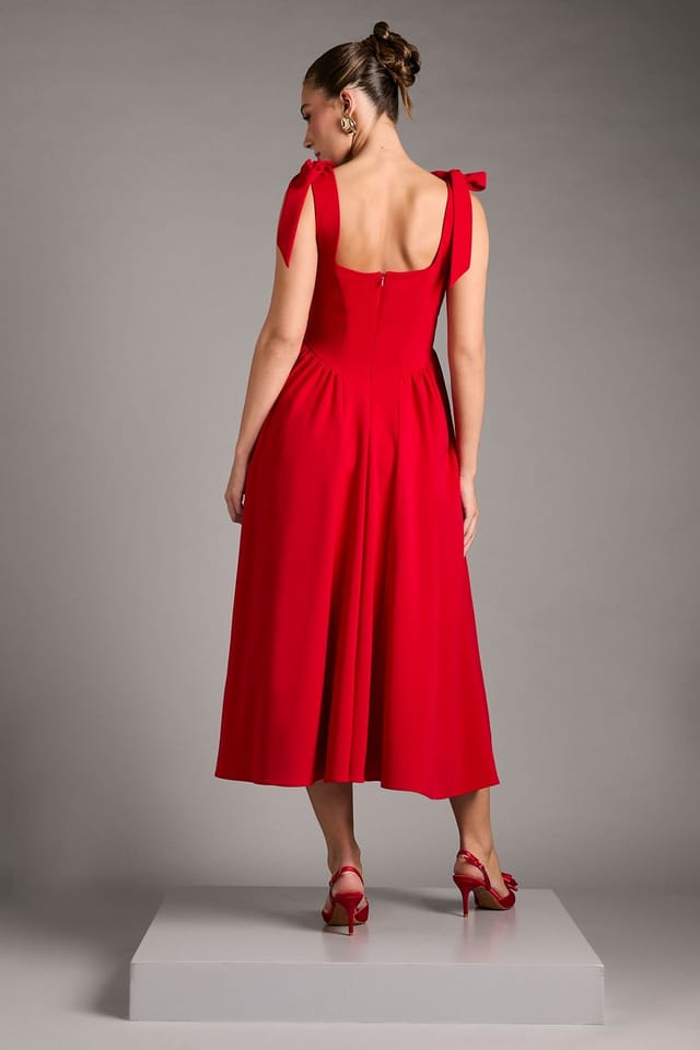 Coast Coast Women's Sleeveless Crepe Midi Dress With Bow Detail Straps in Red - 3